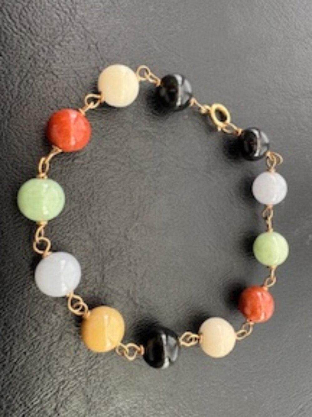 14K yellow gold multi color Jade bead link bracelet-7 1/2" long